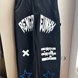 Black Graphic Print Pants with Blue and White Accents